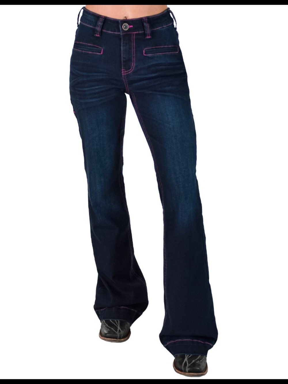 Cowgirl Tuff Dark Blue Flare Jeans with Pink Stitching